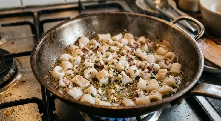 Pulite i calamari, togliendo tutte le parti non commestibili (se non lo avete mai fatto prima, leggete “come pulire i calamari” prima di procedere). Lavateli bene sotto acqua corrente fredda e tagliate la sacca a fette. Versate un po’ di olio in una padella e fatelo riscaldare. Sbucciate l’aglio e tritatelo finemente, quindi aggiungetelo all’olio. Abbassate il fuoco e aggiungete i calamari.