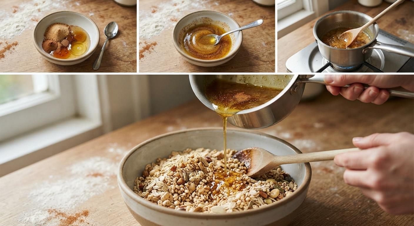 In una ciotola più piccola unite allo zucchero di canna la cannella in polvere ed ancora a freddo lo sciroppo d’acero ed il miele. Nella stessa ciotola aggiungete anche l’olio extravergine di oliva, con un cucchiaio mescolate tutti gli ingredienti insieme e versateli in un pentolino. Ponete tutto sul fuoco e fate sciogliere questo sciroppo a fiamma bassa mescolando continuamente. Non appena lo sciroppo sarà pronto, versatelo a filo sul mix di cereali e mescolate amalgamando bene il tutto.