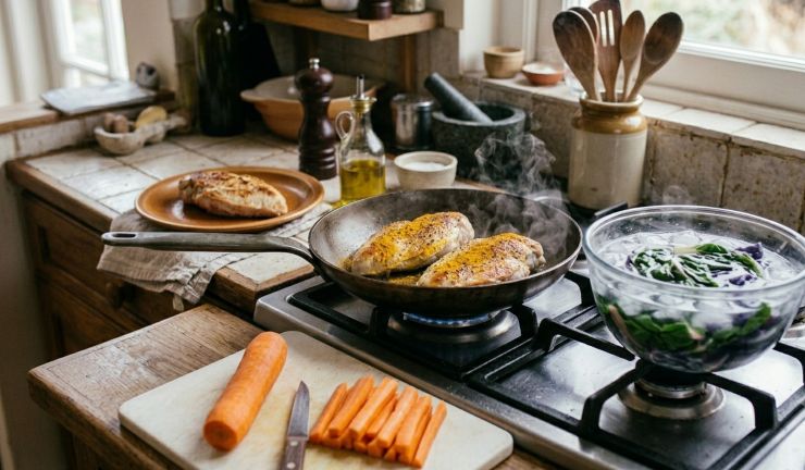 Trasferite la verdura in una ciotola con l’acqua ghiacciata e lasciate in ammollo per qualche minuto. Versate l’olio nella padella e fate riscaldare. Pulite il petto di tacchino, salatelo e pepatelo, quindi cuocetelo in padella da entrambi i lati. Cospargete con la curcuma. Mettete il tacchino da parte a riposare. Sbucciate la carota e tagliatela a bastoncini. Saltatela in padella con poco sale e il resto della curcuma.