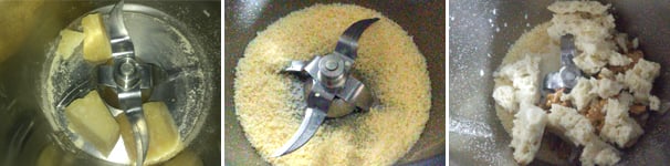 Trascorso il tempo necessario per ammorbidire la mollica del pane, inserite nel boccale il parmigiano a pezzi e tritate per 10 secondi a velocità 4, alternando qualche secondo di turbo. Aggiungete quindi tutti gli altri ingredienti: le noci, la mollica di pane e il latte utilizzato per l’ammollo del pane, il sale, un pezzettino di aglio e l’olio extravergine d’oliva.