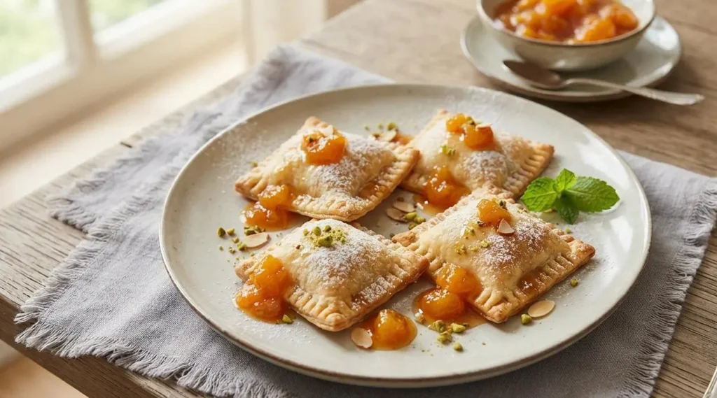 Piatto pronto di ravioli dolci al formaggio e albicocche Ravioli dolci al formaggio con salsa di albicocche serviti su un piatto con zucchero a velo