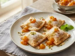 Ravioli dolci al formaggio con salsa di albicocche serviti su un piatto con zucchero a velo