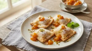 Piatto pronto di ravioli dolci al formaggio e albicocche Ravioli dolci al formaggio con salsa di albicocche serviti su un piatto con zucchero a velo