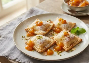 Ravioli dolci al formaggio con salsa di albicocche serviti su un piatto con zucchero a velo