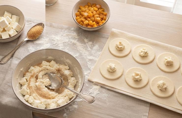 Tagliate a cubetti il formaggio di capra e trasferitelo in una ciotola. Aggiungete due cucchiai di zucchero di canna e mescolate per amalgamare i due ingredienti. Sistemate un cucchiaino di formaggio al centro di metà dei dischi di pasta sfoglia.
