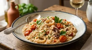 Un piatto di risotto con calamari cremoso, guarnito con pomodorini, prezzemolo fresco e pepe nero, servito su un tavolo di legno.