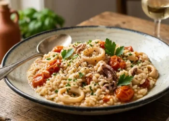 Un piatto di risotto con calamari cremoso, guarnito con pomodorini, prezzemolo fresco e pepe nero, servito su un tavolo di legno.