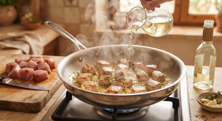 Tagliate il pesce spada a dadini. Fate rosolare l’aglio e l’olio in un tegame e unite i dadini di pesce spada. Fate rosolare per 5 minuti e sfumate con il vino bianco.