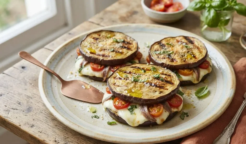 Sandwich di melanzane con alici, pomodorini e mozzarella Sandwich di melanzane grigliate farciti con mozzarella filante, pomodorini e alici, pronti da servire su un piatto rustico.