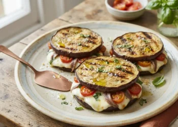 Sandwich di melanzane grigliate farciti con mozzarella filante, pomodorini e alici, pronti da servire su un piatto rustico.