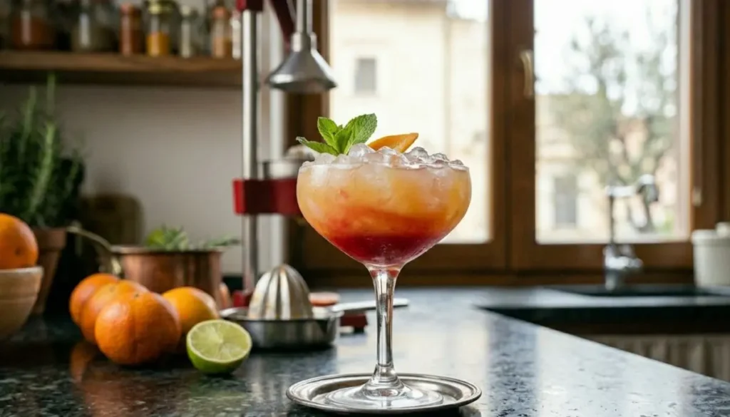 Il Sex on the Beach perfetto: Risultato Finale Cocktail Sex on the Beach pronto per essere servito, con ghiaccio tritato, cannuccia e guarnizione di arancia, illuminato dal sole in una cucina di Napoli.