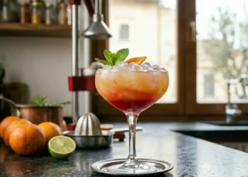 Cocktail Sex on the Beach pronto per essere servito, con ghiaccio tritato, cannuccia e guarnizione di arancia, illuminato dal sole in una cucina di Napoli.