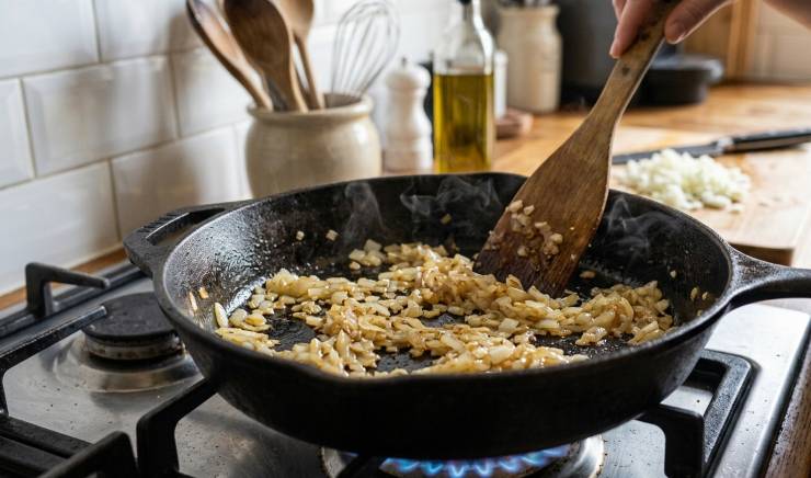 Tritate finemente la cipolla, intanto in una pentola fate scaldare qualche cucchiaio di olio extravergine di oliva, versatevi dentro la cipolla e fatela rosolare delicatamente a fuoco basso fino a che non diverrà trasparente. Intanto che la cipolla si cuoce sgranate i piselli freschi.