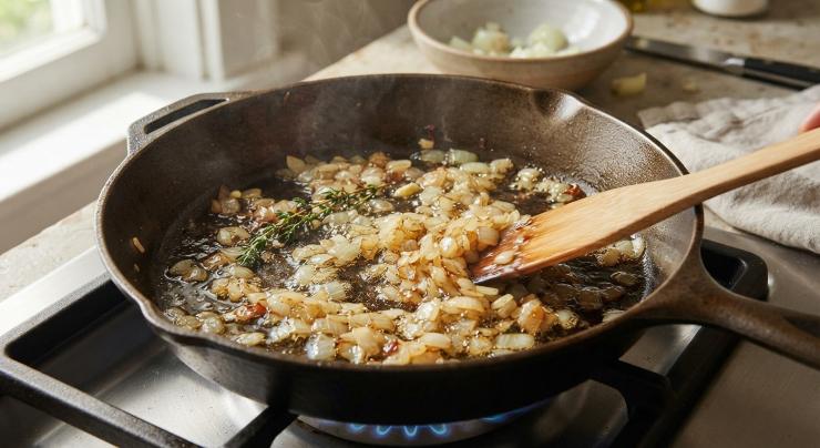 Iniziate a pulire ed affettare sottilmente la cipolla di Tropea che farete rosolare ed ammorbidire in olio extravergine di oliva. Intanto che la cipolla si cuoce, pulite e tagliate a cubetti le patate.