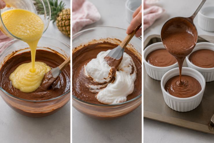 Aggiungete allora l‘ananas frullato e rimescolate delicatamente. Alla fine unite gli albumi a neve e mescolate delicatamente per non smontarli. Versate il composto nelle pirofile riempendole per 3/4 della loro altezza e mettetele in una teglia piena d’acqua calda. Infornate a 180 gradi in forno preriscaldato per circa 25 minuti.