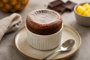 Soufflé al cioccolato e ananas soffice e appena sfornato Soufflé al cioccolato e ananas appena sfornato servito in una pirofila bianca con zucchero a velo, pronto per essere gustato come dessert gourmet.