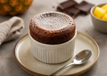 Soufflé al cioccolato e ananas appena sfornato servito in una pirofila bianca con zucchero a velo, pronto per essere gustato come dessert gourmet.