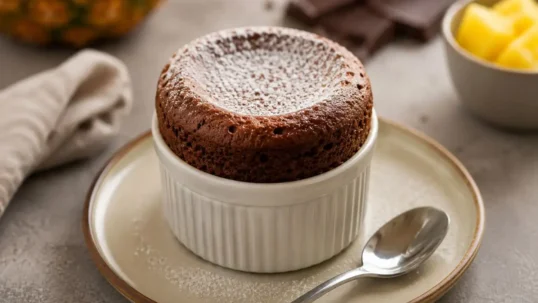 Soufflé al cioccolato e ananas appena sfornato servito in una pirofila bianca con zucchero a velo, pronto per essere gustato come dessert gourmet.