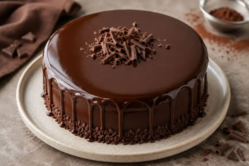Torta al cioccolato con glassa lucida effetto specchio Torta al cioccolato con glassa lucida effetto specchio decorata con scaglie di cioccolato.