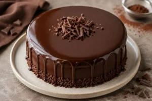 Torta al cioccolato con glassa lucida effetto specchio decorata con scaglie di cioccolato.