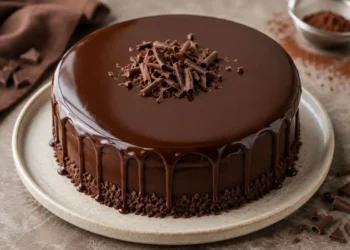 Torta al cioccolato con glassa lucida effetto specchio decorata con scaglie di cioccolato.