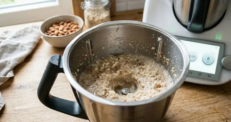 A questo punto tritate il tutto a velocità 8 per 20 secondi. Spatolate riportando tutto sul fondo del boccale, aggiungete poi la restante acqua e tritate a velocità 10 per 20 secondi. Riunite tutto sul fondo e date un’ultima tritata a velocità 8 per 10 secondi.