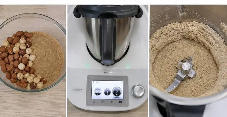 Per prima cosa occorre ridurre a farina la frutta secca e lo zucchero, quindi nel bimby inserite le mandorle, le nocciole e lo zucchero di canna e tritate 5 secondi a velocità 7.