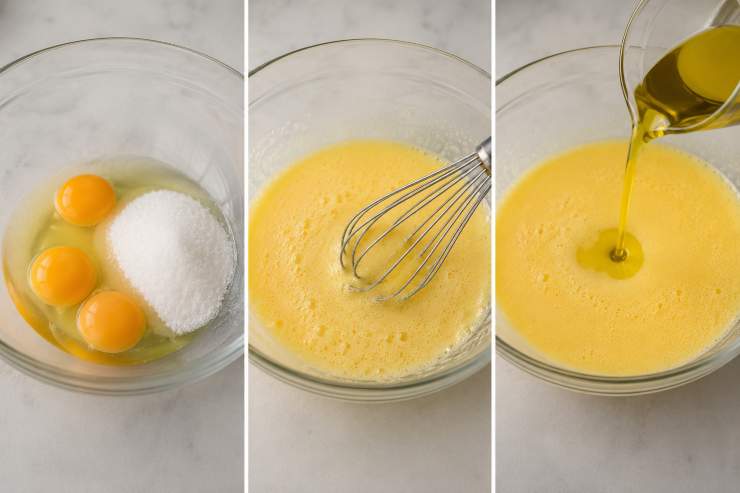 In una terrina rompete le uova intere e versatevi dentro lo zucchero semolato, dunque iniziate a lavorare questi due ingredienti energicamente con una frusta. Dopo averli lavorati bene unite l’olio extravergine di oliva.