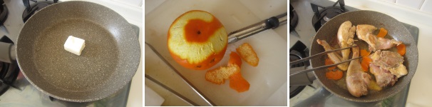 Scaldate una padella e sciogliete il burro. Lavate le arance e sbucciatele cercando di non utilizzare la parte bianca sotto la buccia. Mettete la carne nella padella e rosolate da tutti i lati per qualche minuto. Aggiungete la scorza di arancia.