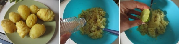 Lessate le patate. Fatele raffreddare e sbucciatele. In una ciotola schiacciate le patate con una forchetta fino a ridurle in purea. Aggiungete il sale, l’olio e il succo di un lime.
