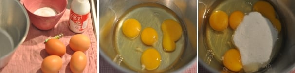 Iniziate con il preparare tutti gli ingredienti in modo da averli a temperatura ambiente. In una ciotola rompete le uova e unite lo zucchero.