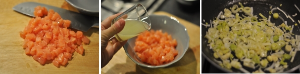 Intanto che il porro sta cuocendo tagliate a cubetti grossolani il salmone e lasciatelo marinare per pochi minuti nel succo del limone. Passati cinque minuti scolate il succo di marinatura nei porri, poi salateli e pepateli. Spegnete la fiamma.