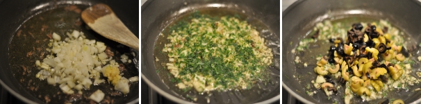 Quando le acciughe saranno sciolte aggiungete il trito di cipolla e aglio e fatelo dorare. Unite poi il trito di prezzemolo e le olive. Fate cuocere per pochi minuti in modo da insaporire bene l’olio.