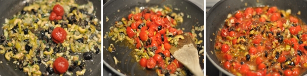 Aggiungete il concentrato di pomodoro e fatelo sciogliere poi unite i pomodorini. Bagnate con un goccio d’acqua in modo da amalgamare bene tutti i sapori insieme e cuocere leggermente i pomodori. Chiudete con un coperchio e proseguite la cottura per 10 minuti