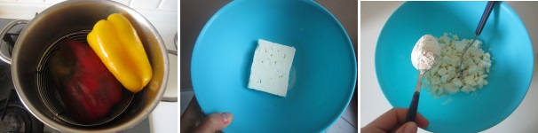 Cuocete i peperoni al vapore. Quando sono morbidi ma sodi, lasciateli raffreddare. Intanto preparate la besciamella di feta. Mettete la feta intera in una ciotola e poi sbriciolatela . Aggiungete la farina e rimescolate.