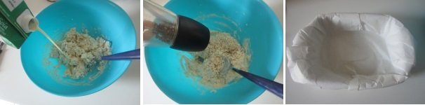 Versate il latte di soia nella feta e mescolate fino ad ottenere un composto compatto e cremoso. Aggiungete il sale e il pepe in quantità a piacere. Preparate la teglia rivestita con la carta da forno.