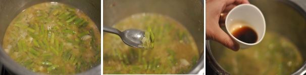 Coprite le verdure con pochissima acqua e unite la pasta di wasabi e la salsa di soia. Lasciate cuocere per un paio di minuti, poi unite la restante acqua.