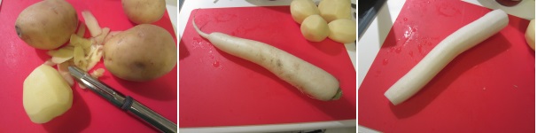 Lavate e pelate le patate. Lavate anche il daikon, tagliate l’estremità e sbucciatelo.