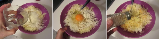 Se necessario aggiungete qualche cucchiaino di acqua. Unite un uovo e fatelo incorporare per bene. Salate tutto e rimescolate.