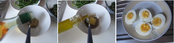 Versate l‘aceto di mele, oppure l’aceto bianco, e poi l’olio. Mescolate continuamente per amalgamare tutti gli ingredienti. Tagliate le uova a metà e dividete albumi dai  tuorli.