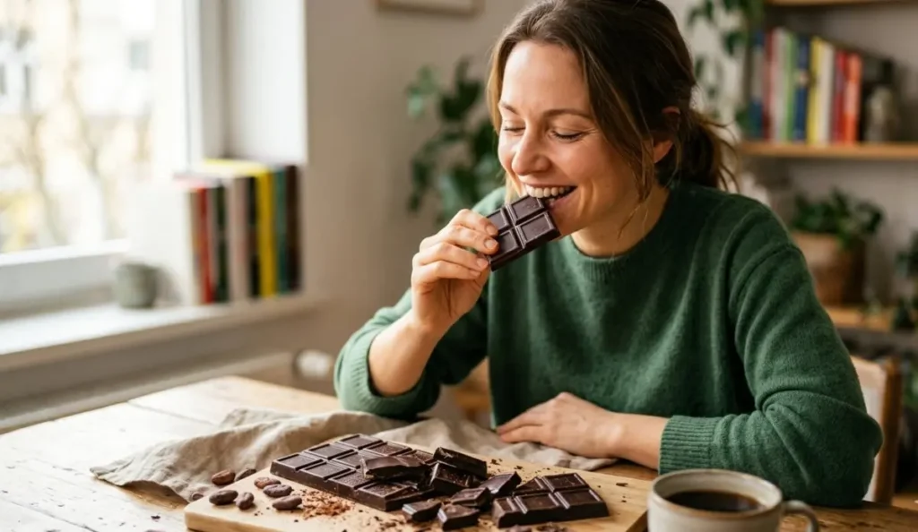 Donna sorridente mangia un quadratino di cioccolato fondente artigianale a colazione