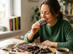 Donna sorridente mangia un quadratino di cioccolato fondente artigianale a colazione