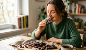 I benefici del cioccolato fondente per la salute Donna sorridente mangia un quadratino di cioccolato fondente artigianale a colazione