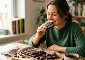 Donna sorridente mangia un quadratino di cioccolato fondente artigianale a colazione
