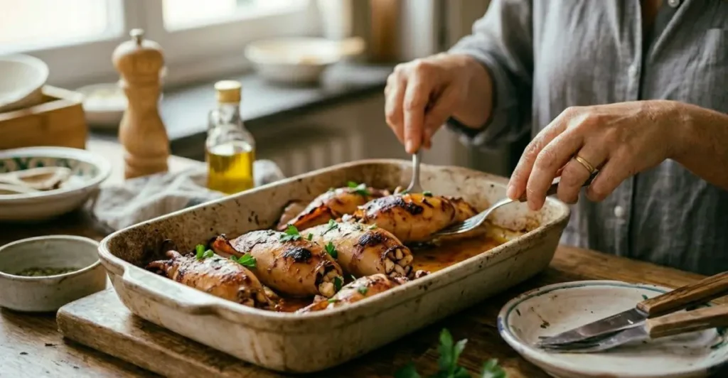 Calamari ripieni grigliati e dorati, serviti caldi su un piatto da portata con una guarnizione di prezzemolo fresco e spicchi di limone.