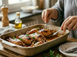 Calamari ripieni grigliati e dorati, serviti caldi su un piatto da portata con una guarnizione di prezzemolo fresco e spicchi di limone.