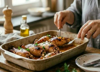 Calamari ripieni grigliati e dorati, serviti caldi su un piatto da portata con una guarnizione di prezzemolo fresco e spicchi di limone.