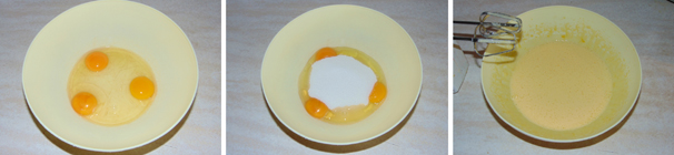 In una ciotola rompete le uova ed aggiungetevi anche lo zucchero semolato, dunque con l’aiuto di uno sbattitore elettrico lavorate gli ingredienti fino ad ottenere una crema liscia e spumosa.