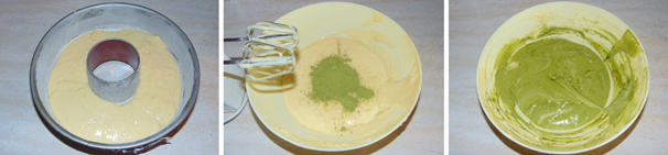 Versate all’interno dello stampo infarinato  metà dell’impasto allo yogurt ed aggiungete al rimanete il tè matcha, quindi riprendete a lavorare con le fruste fino a che non sarà tutto ben amalgamato.