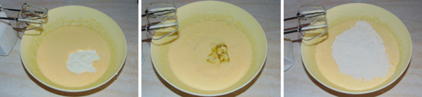 Arricchite il composto di uova e zucchero con lo yogurt bianco e continuate a lavorare con le fruste. In un secondo momento aggiungete anche l’olio extravergine di oliva ed ancora lavorando anche la farina ed il lievito vanigliato, entrambi setacciati.